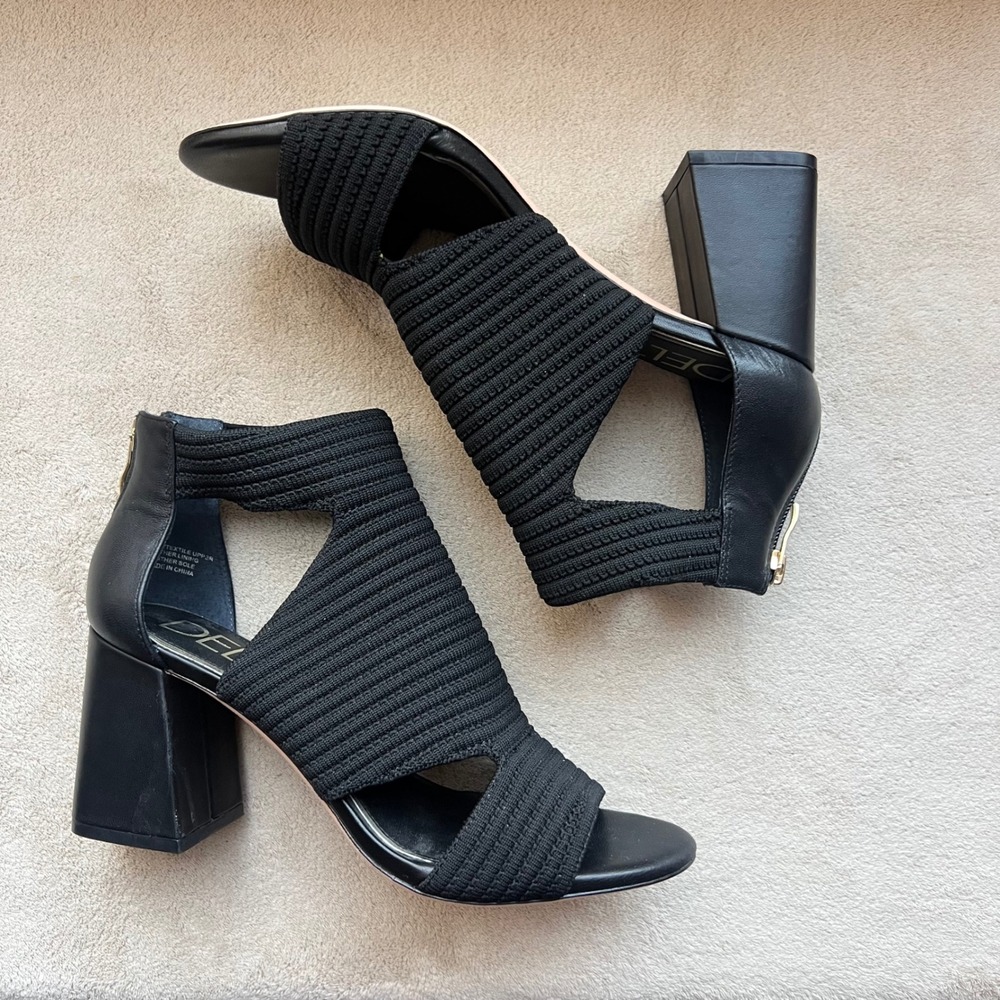 Deltan Women 8 Black Knit Block Heel Sandals Cutout Back Zip Leather Sole Casual